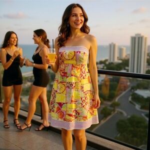 Lilly Pulitzer Strapless Bright Patchwork Dress Pink Green Floral Stripe Cotton